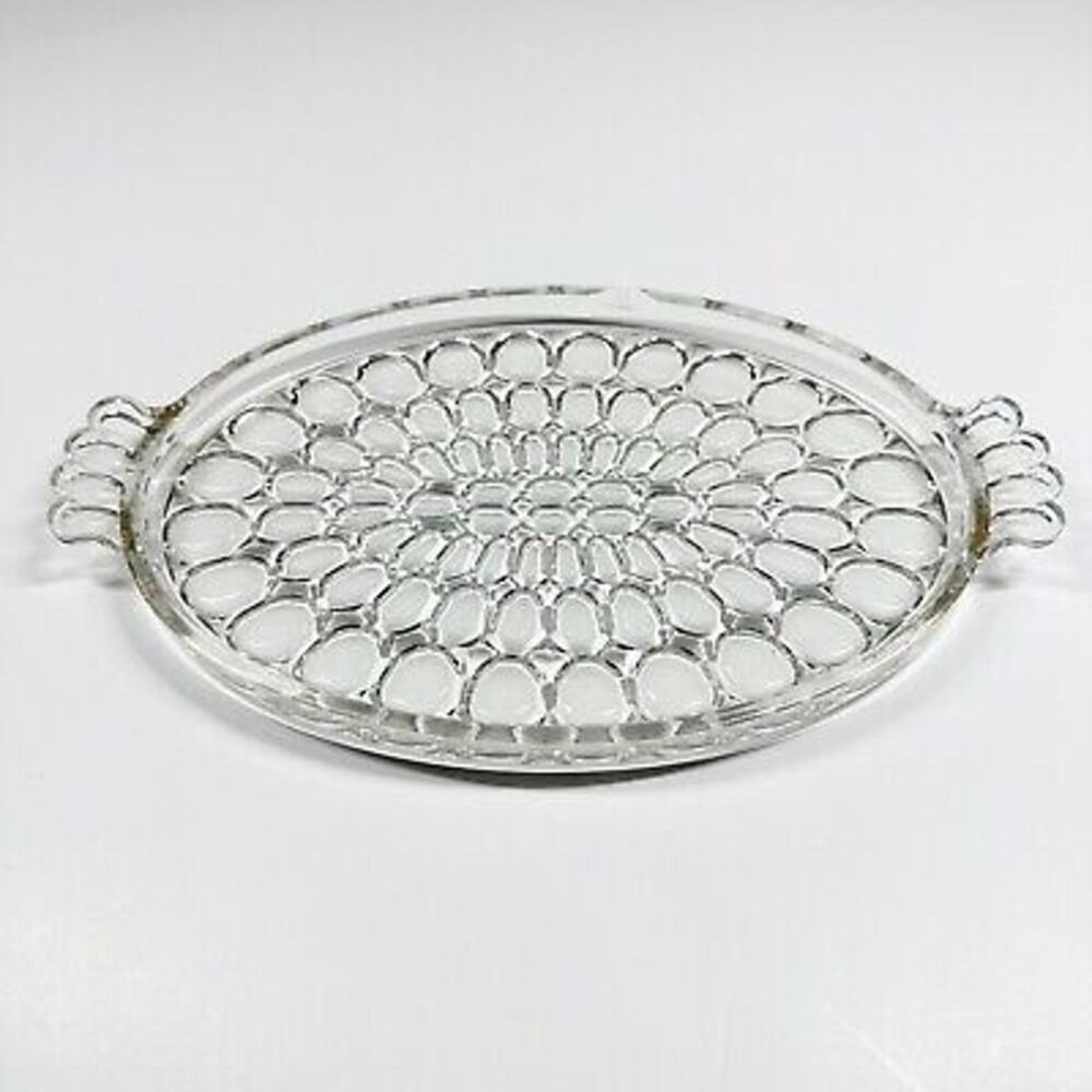 Vintage Jeannette 12" Handled Glass Tray Thumbprint Gold Trim Platter Glassware